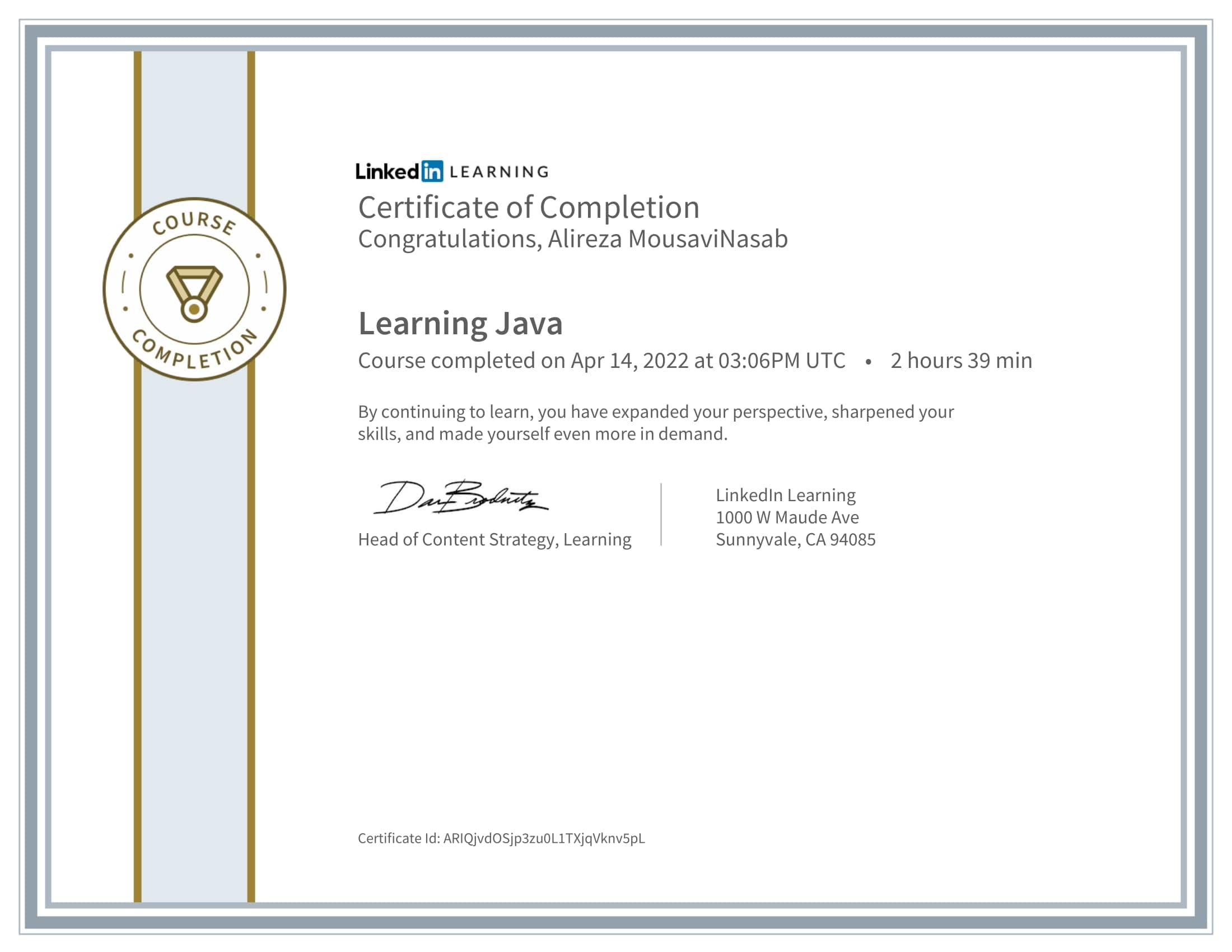 CertificateOfCompletion_Learning Java